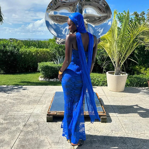 Load image into Gallery viewer, Lace See Through Strapless Sexy Maxi Dress For Women Gown Halter Hollow Out Sleeveless Backless High Split Long Dress
