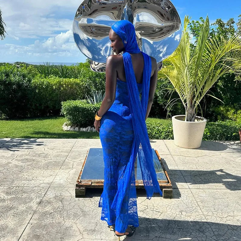 Lace See Through Strapless Sexy Maxi Dress For Women Gown Halter Hollow Out Sleeveless Backless High Split Long Dress