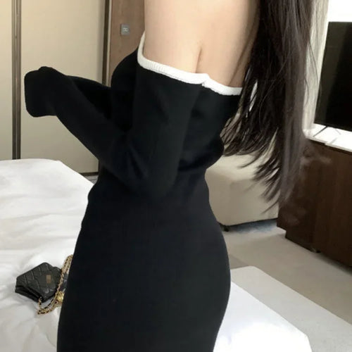 Load image into Gallery viewer, Sexy Bodycon Black Halter Dress Women Y2k Off Shoulder Backless Wrap Slim Short Dresses Fashion Patchwork Korean Kpop
