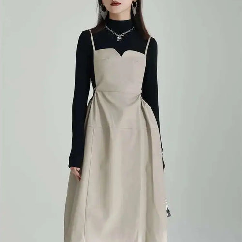 Load image into Gallery viewer, Women Apricot PU Leather Big Size Spaghetti Strap Dress New Square Collar Loose Fit Fashion Spring Autumn 2025 1DF4804
