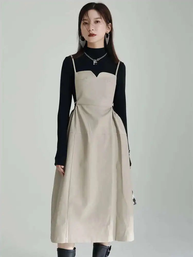 Women Apricot PU Leather Big Size Spaghetti Strap Dress New Square Collar Loose Fit Fashion Spring Autumn 2025 1DF4804