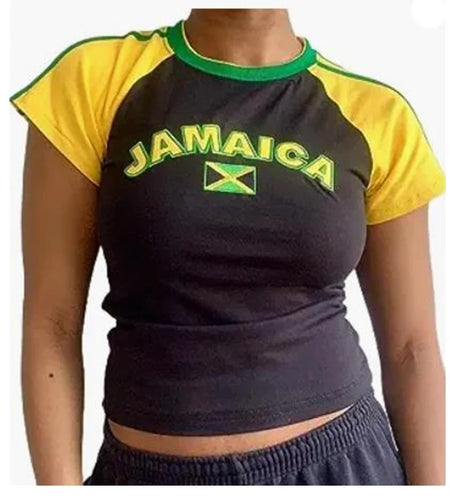 Jamacia Crop Top y2k Aesthetic Women Letter Print Contrast Color Short Sleeve T Shirts Basic Baby Tees 2000s Clothes
