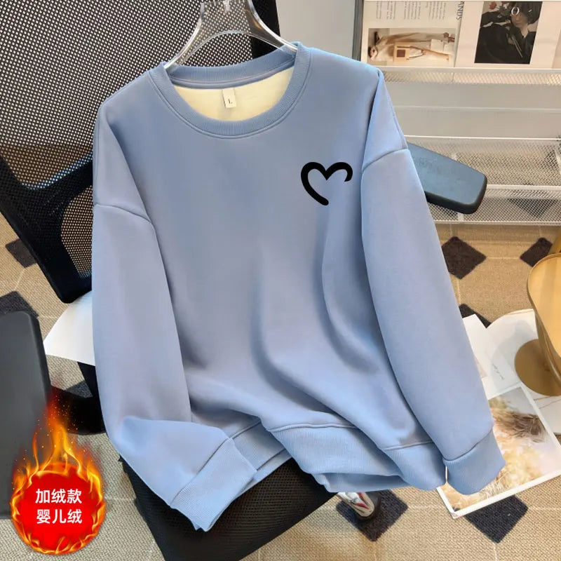 Women Fashion Solid O Neck Plush Heart Velvet Sweatshirt Autumn Winter Long Sleeve Comfort Casual Pullover Top Loose Popular New