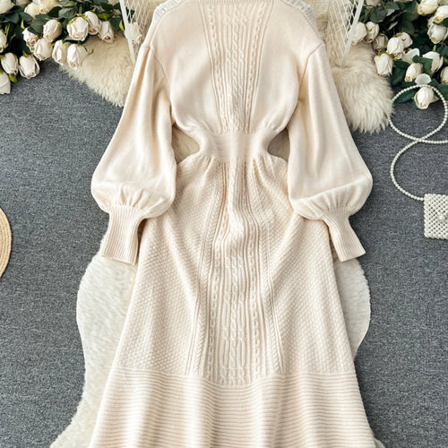 Load image into Gallery viewer, French Vintage Autumn Winter Black Beige Elegant Long Sleeve Vacation Knit Dress Women Khaki Round Neck High Waist Office Dress
