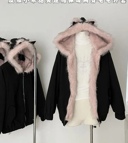 Korean Fashion Black Velvet Long Sleeve Versatile Zipper Jacket Women Autumn Winter Elegant Single Breasted Hooded Coat Tops New