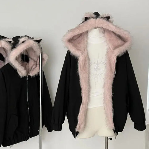 Load image into Gallery viewer, Korean Fashion Black Velvet Long Sleeve Versatile Zipper Jacket Women Autumn Winter Elegant Single Breasted Hooded Coat Tops New
