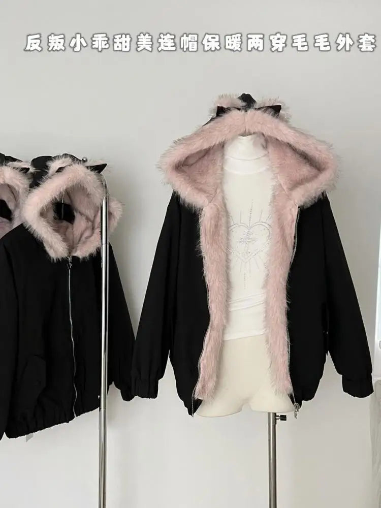 Korean Fashion Black Velvet Long Sleeve Versatile Zipper Jacket Women Autumn Winter Elegant Single Breasted Hooded Coat Tops New