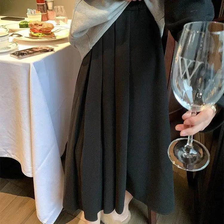 French Vintage Elegant Black Festival Woolen Long Skirt Women Autumn Winter Grey High Waist Ladies Pleated A-line Half Skirt New