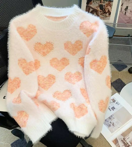 French Retro Heart Shaped Pearl Imitation Mink Sweaters Women Round Neck Warm Long Sleeves Knit Pullover Tops Autumn Winter Chic