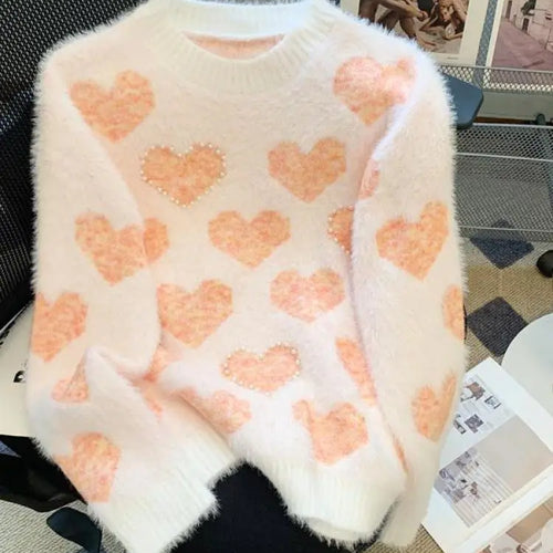 Load image into Gallery viewer, French Retro Heart Shaped Pearl Imitation Mink Sweaters Women Round Neck Warm Long Sleeves Knit Pullover Tops Autumn Winter Chic
