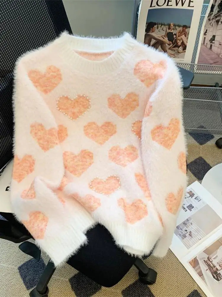 French Retro Heart Shaped Pearl Imitation Mink Sweaters Women Round Neck Warm Long Sleeves Knit Pullover Tops Autumn Winter Chic