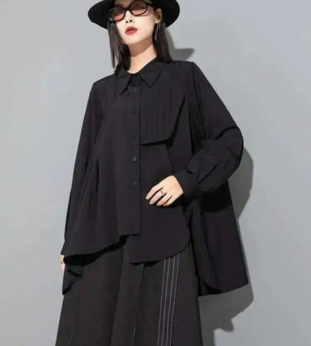 Women Black Irregular Pleated Big Size Blouse New Lapel Long Sleeve Loose Fit Shirt Fashion Spring Autumn 2025 1DF6525