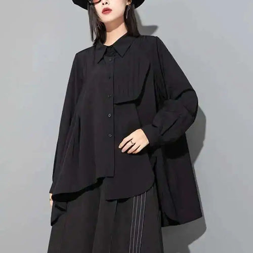 Load image into Gallery viewer, Women Black Irregular Pleated Big Size Blouse New Lapel Long Sleeve Loose Fit Shirt Fashion Spring Autumn 2025 1DF6525
