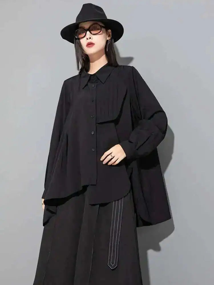 Women Black Irregular Pleated Big Size Blouse New Lapel Long Sleeve Loose Fit Shirt Fashion Spring Autumn 2025 1DF6525