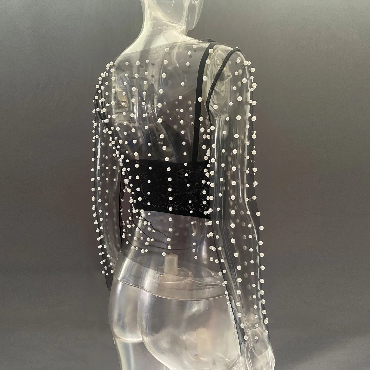 Pearl Mesh See Through T-shirt Women Fashion Long Sleeve Pullover Blouse Ladies Summer U Neck Sexy Tee Shirt Tops