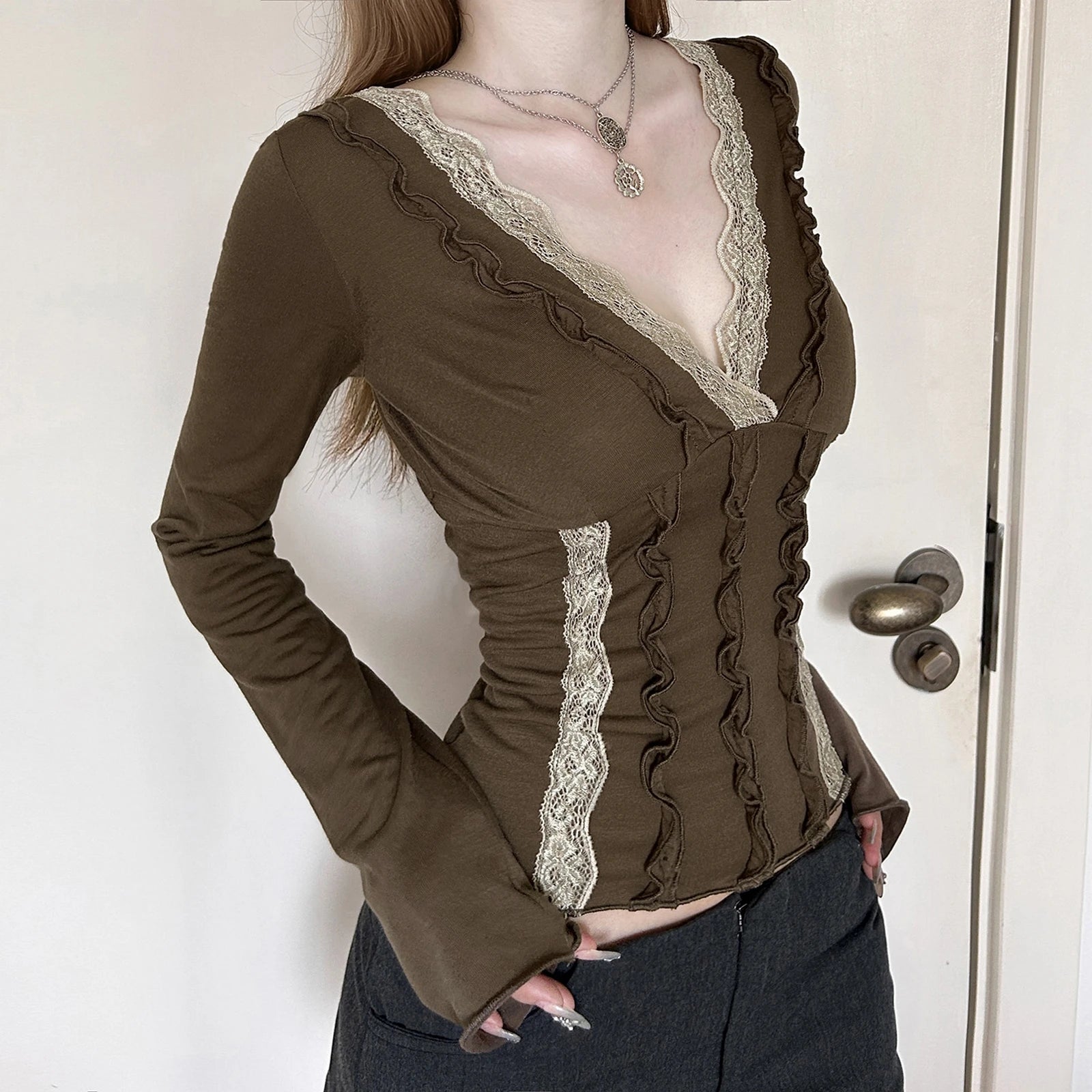 2000s Fairy Grunge Crop Top Women V Neck Lace Patchwork Ruffle Trim Long Sleeve T Shirt Emo Gothic Clothes Streetwear