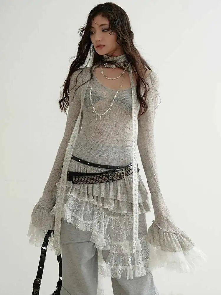 Women Perspective Irregular Mini Sweater Dress New Round Neck Long Flare Sleeve Fashion Tide Spring Autumn 2025 1DH9338