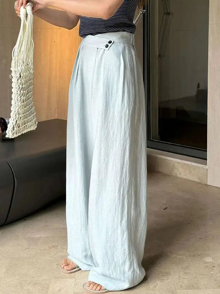 High Elastic Waist White Linen Pleated Long Elegant Wide Leg Pants New Trousers Women Fashion Spring Summer 2025 1DH6125