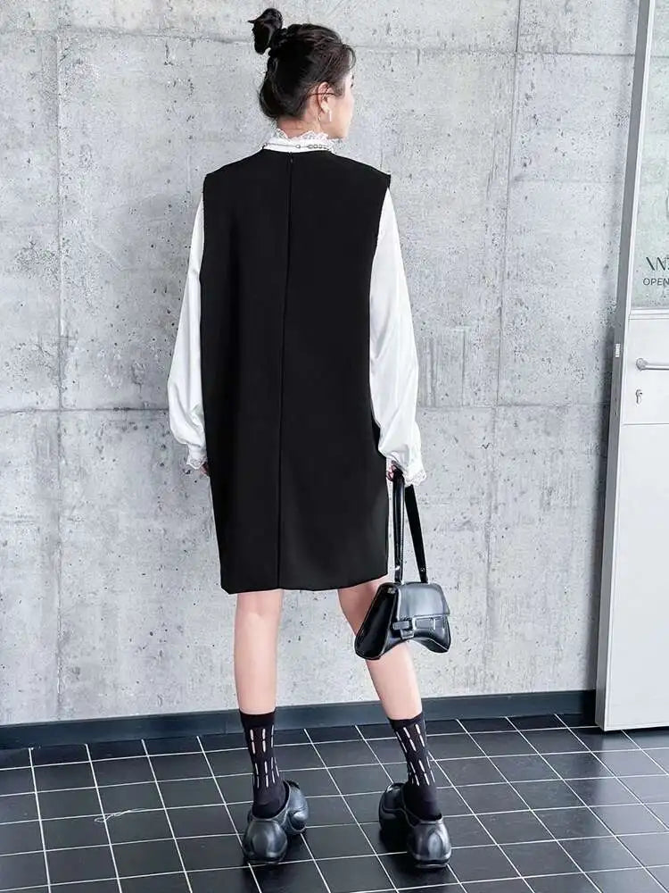 Women Black Brief Elegant Zipper Big Size Mini Dress New Round Neck Sleeveless Fashion Tide Spring Autumn 2025 1DH9820