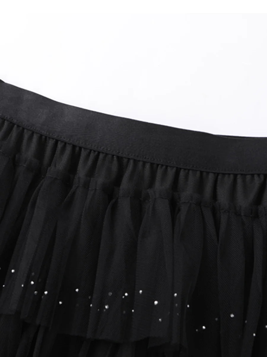 Solid Spliced Diamonds Loose Skirts for Women High Waist Minimalist Mesh Skirt Female Fashion Style