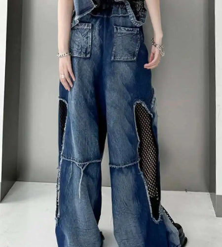 High Waist Blue Hollow Out Mesh Denim Wide Leg Jeans New Women Trousers Loose Fashion Tide Spring Autumn 2025 1DH4343