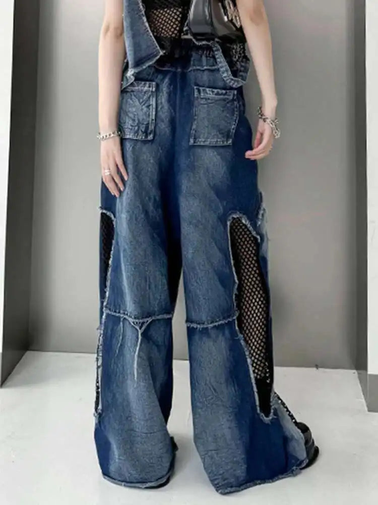 High Waist Blue Hollow Out Mesh Denim Wide Leg Jeans New Women Trousers Loose Fashion Tide Spring Autumn 2025 1DH4343