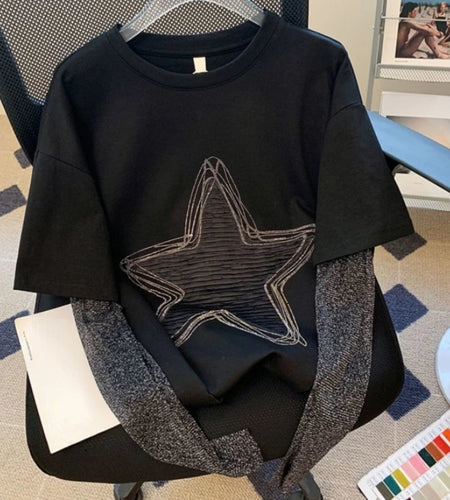 Harajuku Women Clothing Chic Tshirts Patchwork Fake Two Tees Y2k Tops Star Long Sleeve Camisetas Casual Korean Oversized T-shirt