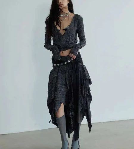 Dark Gray Knitting T-shirt Half-body Skirt Two Pieces Suit New V-Neck Long Sleeve Women Fashion Spring Autumn 2025 1DH7078