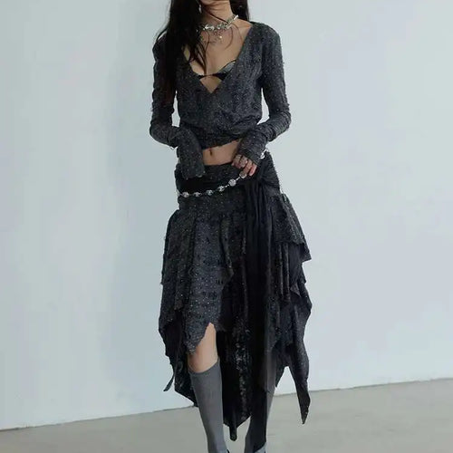 Load image into Gallery viewer, Dark Gray Knitting T-shirt Half-body Skirt Two Pieces Suit New V-Neck Long Sleeve Women Fashion Spring Autumn 2025 1DH7078
