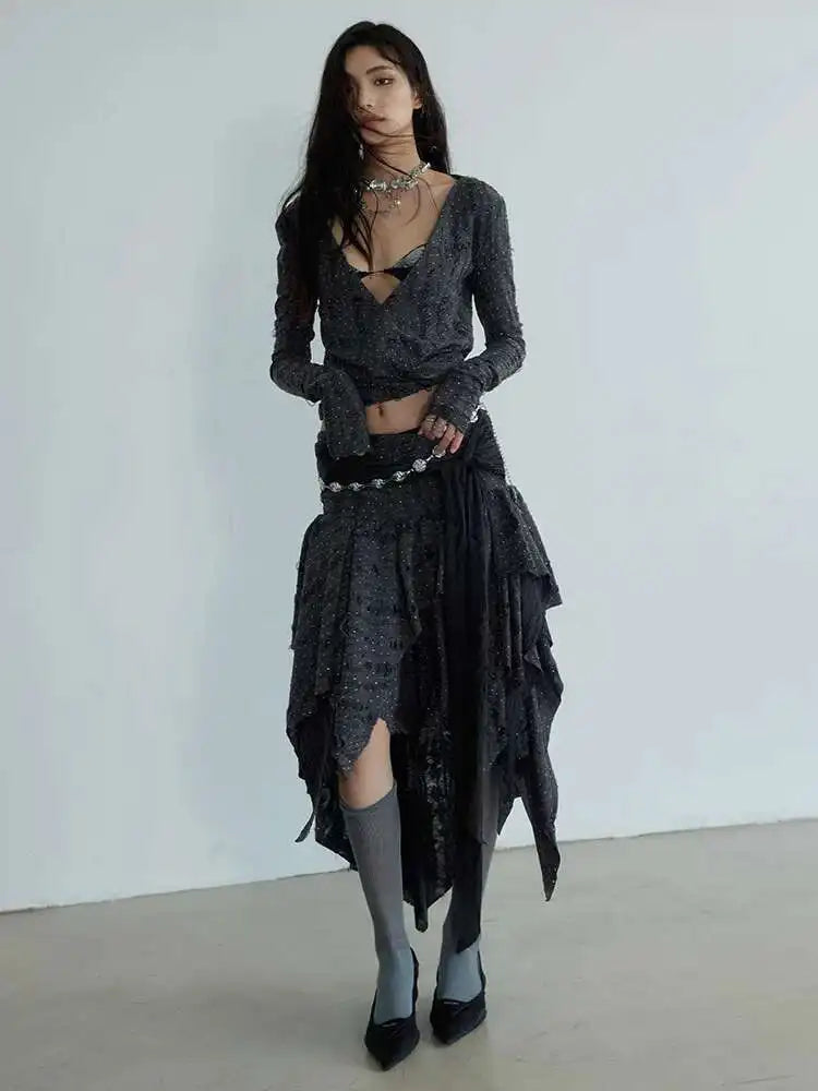 Dark Gray Knitting T-shirt Half-body Skirt Two Pieces Suit New V-Neck Long Sleeve Women Fashion Spring Autumn 2025 1DH7078