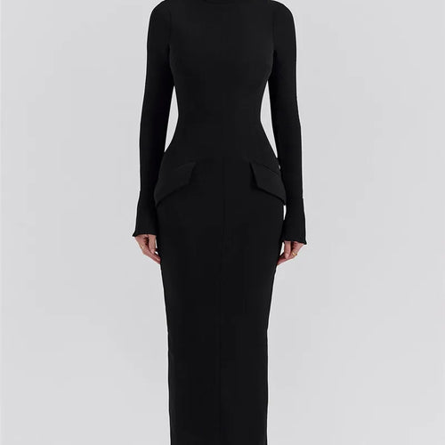 Load image into Gallery viewer, Black Long Sleeve Sexy Maxi Dress For Women Autumn Winter New O Neck Two Pocket Back Split Bodycon Long Dress Elegant

