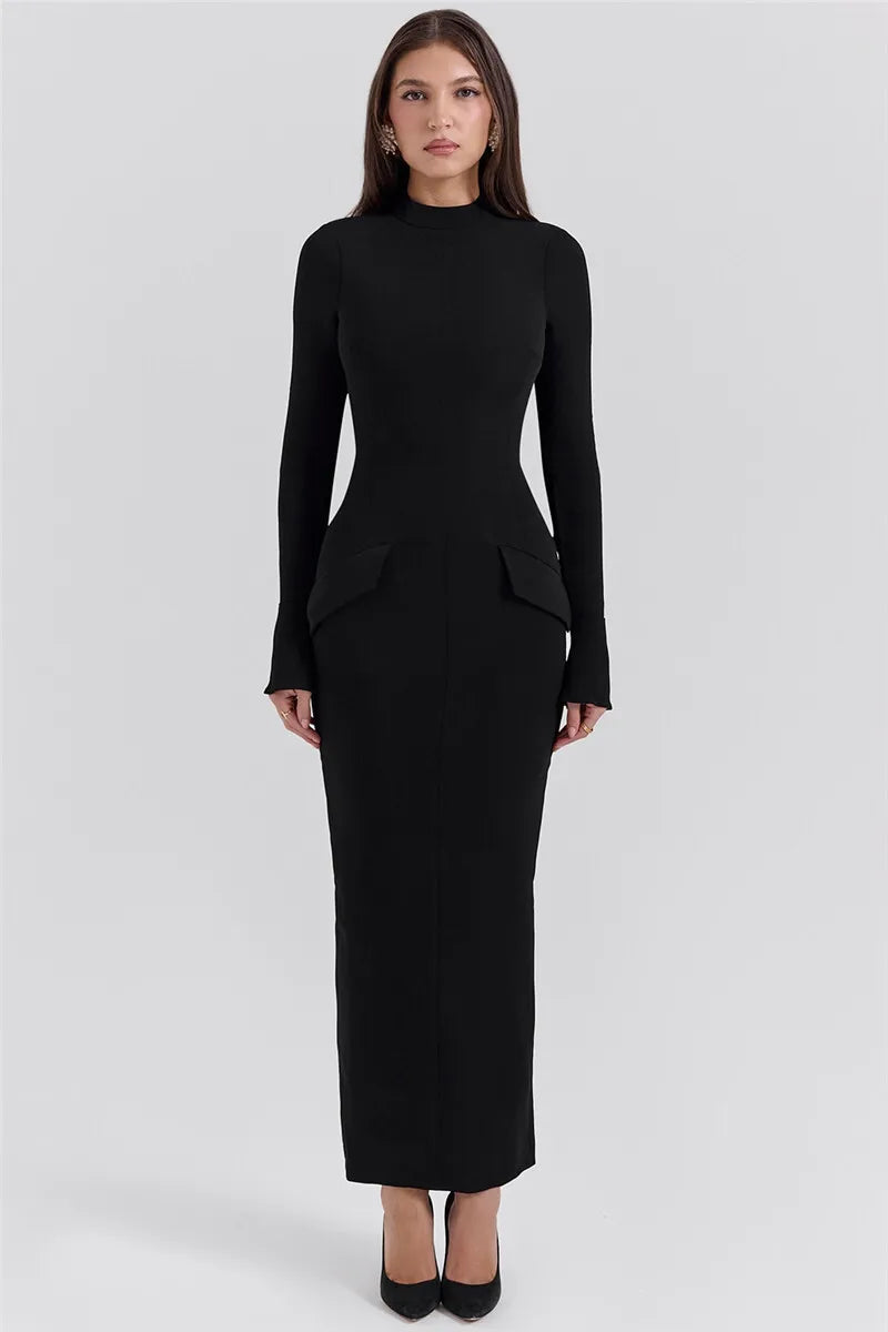Black Long Sleeve Sexy Maxi Dress For Women Autumn Winter New O Neck Two Pocket Back Split Bodycon Long Dress Elegant