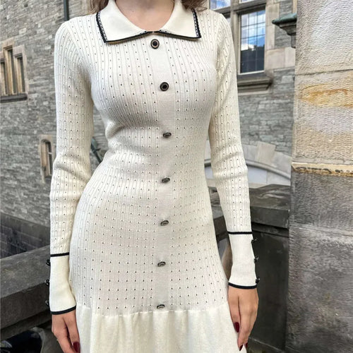 Load image into Gallery viewer, Autumn Long Sleeve Knit Dress For Women Fashion Lapel Single-btrasted Button High Waist Ruffled Mini Dress Knitwear

