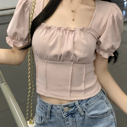 Load image into Gallery viewer, Korean Style Slim Puff Sleeve Women&#39;s T-shirts Solid Color Square Neck Pleated Female T-shirts Summer Fashion Streetwear
