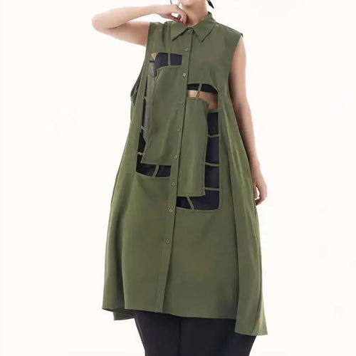 Load image into Gallery viewer, Women Army Green Hollow Out Big Size Midi Casual Dress New Lapel Sleeveless Fashion Tide Spring Summer 2025 1DH9512
