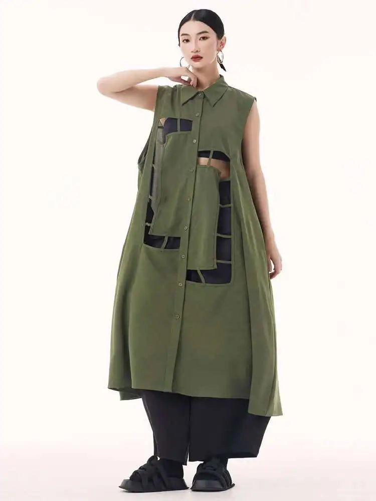 Women Army Green Hollow Out Big Size Midi Casual Dress New Lapel Sleeveless Fashion Tide Spring Summer 2025 1DH9512