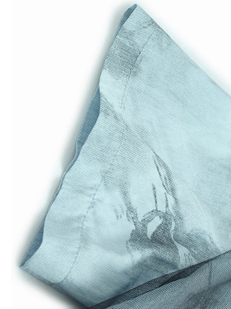 Women Blue Pattern Printed Mesh Big Size Midi Dress New Round Neck Short Sleeve Fashion Tide Spring Summer 2025 1DJ1326