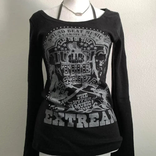 Load image into Gallery viewer, Print Long Sleeve T Shirts Women Clothes Harajuku Diamond Black Tees Bandage Tunic Camisetas Casual Fashion T-shirt Y2k Tops
