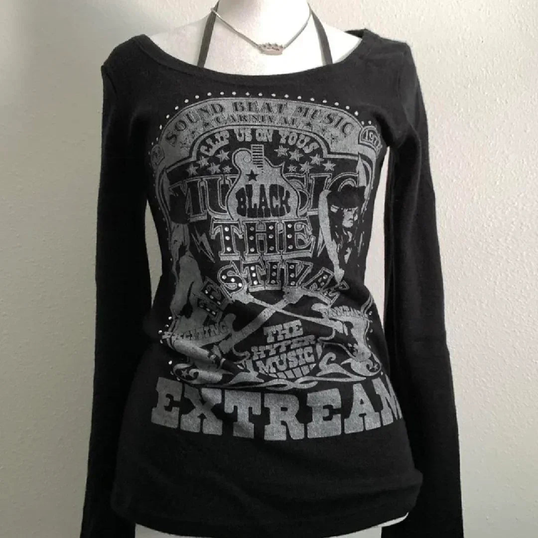 Print Long Sleeve T Shirts Women Clothes Harajuku Diamond Black Tees Bandage Tunic Camisetas Casual Fashion T-shirt Y2k Tops