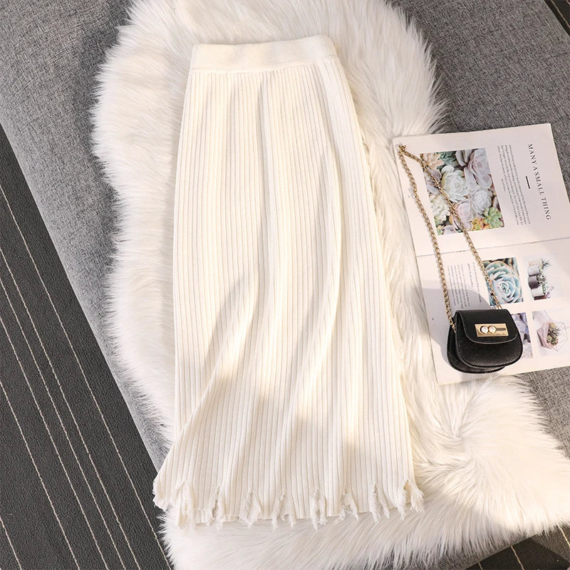 Casual Knitted Midi Pencil Skirt Y2k Women Autumn Winter Elastic High Waist  A-line Split Straight Skirts Female Streetwear