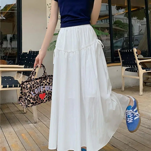 Load image into Gallery viewer, Vintage White Elastic High Waist A-line Skirt For Women Blue Elegant Lace-up Pleated Long Skirt 2024 Summer Ladies Versatile New
