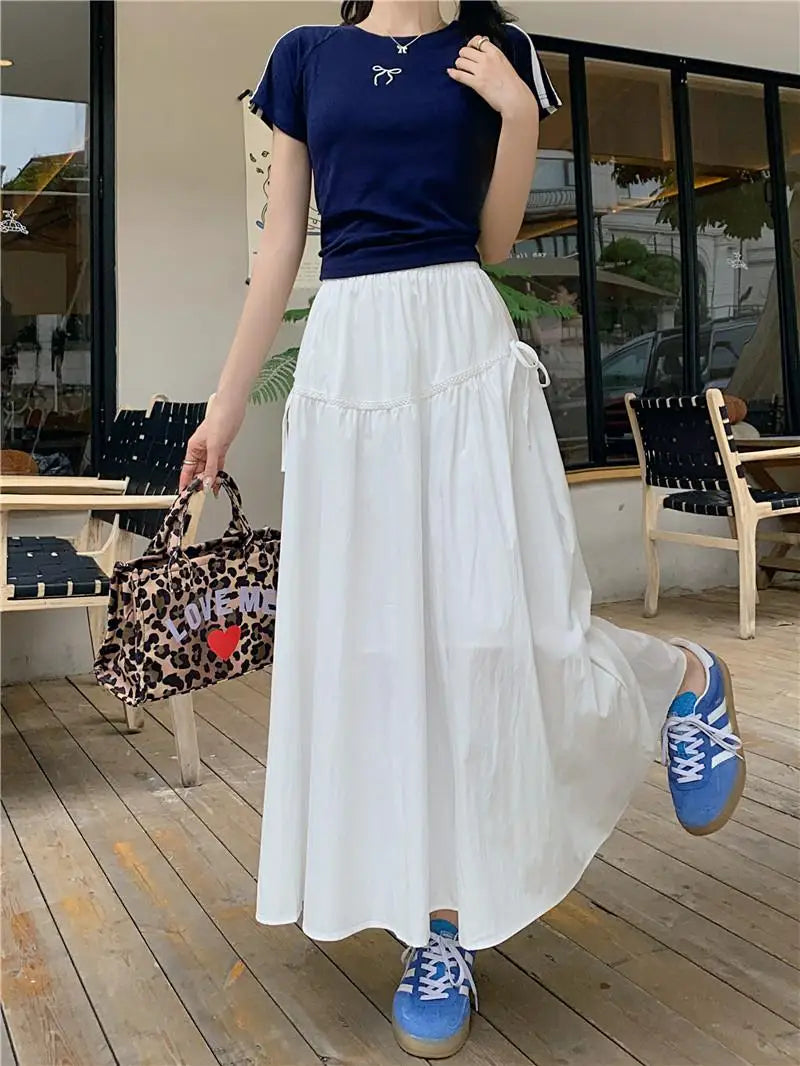 Vintage White Elastic High Waist A-line Skirt For Women Blue Elegant Lace-up Pleated Long Skirt 2024 Summer Ladies Versatile New
