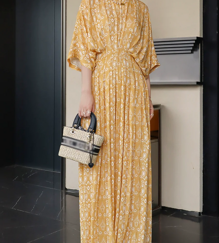 Hit Color Printing Spliced Folds Casual Dresses for Women Round Neck Half Sleeves High Waist Elegant Dress Female