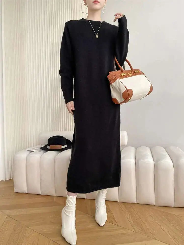Women Rose Red Casual Midi Elegant Knitting Dress New Round Neck Long Sleeve Fashion Tide Spring Autumn 2025 1DH6450