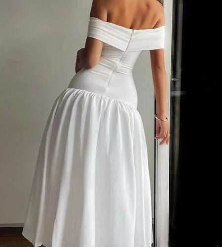 Solid Slimming Temperament Dresses For Women Slash Neck Short Sleeve High Waist Temperament Dress Female Fashion