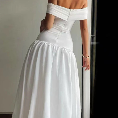 Load image into Gallery viewer, Solid Slimming Temperament Dresses For Women Slash Neck Short Sleeve High Waist Temperament Dress Female Fashion
