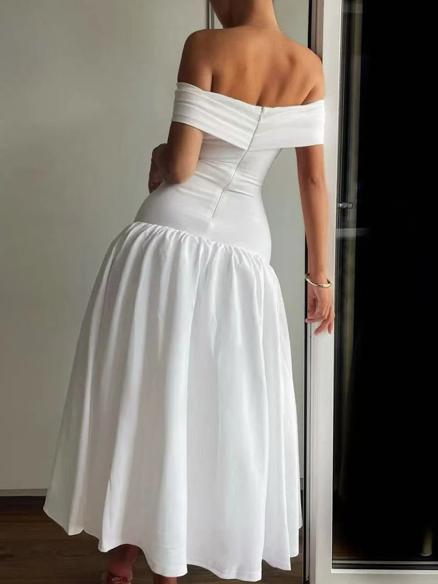 Solid Slimming Temperament Dresses For Women Slash Neck Short Sleeve High Waist Temperament Dress Female Fashion