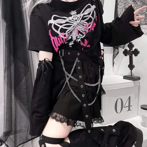 Load image into Gallery viewer, Y2k Aesthetic Black T Shirt Women Harajuku Off Shoulder Skull Print Gothic Graphic  Shirts Japanese Punk Grunge Streetwear ee
