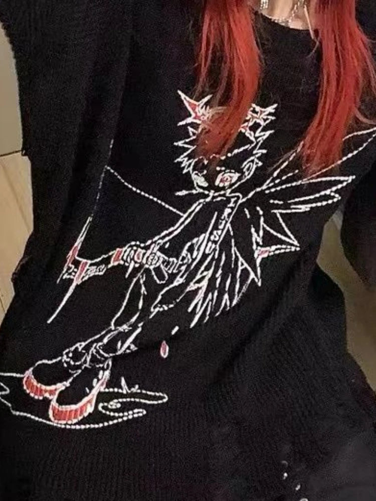 Autumn Gothic Black Hole Sweater Women Cartoon Embroidery Y2k Aesthetic Grunge Pullover Casual Loose Streetwear Oversized Jumper
