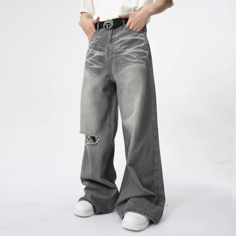 Summer Men's Wear New Jeans Straight Wide Leg Denim Pants Casual Loose Contrast Color Male Bottoms Clothing 9C5977